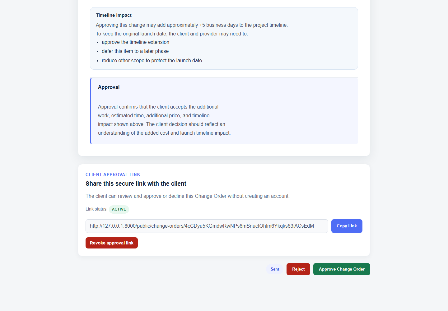 Change Order with an active client approval link ready to copy and send