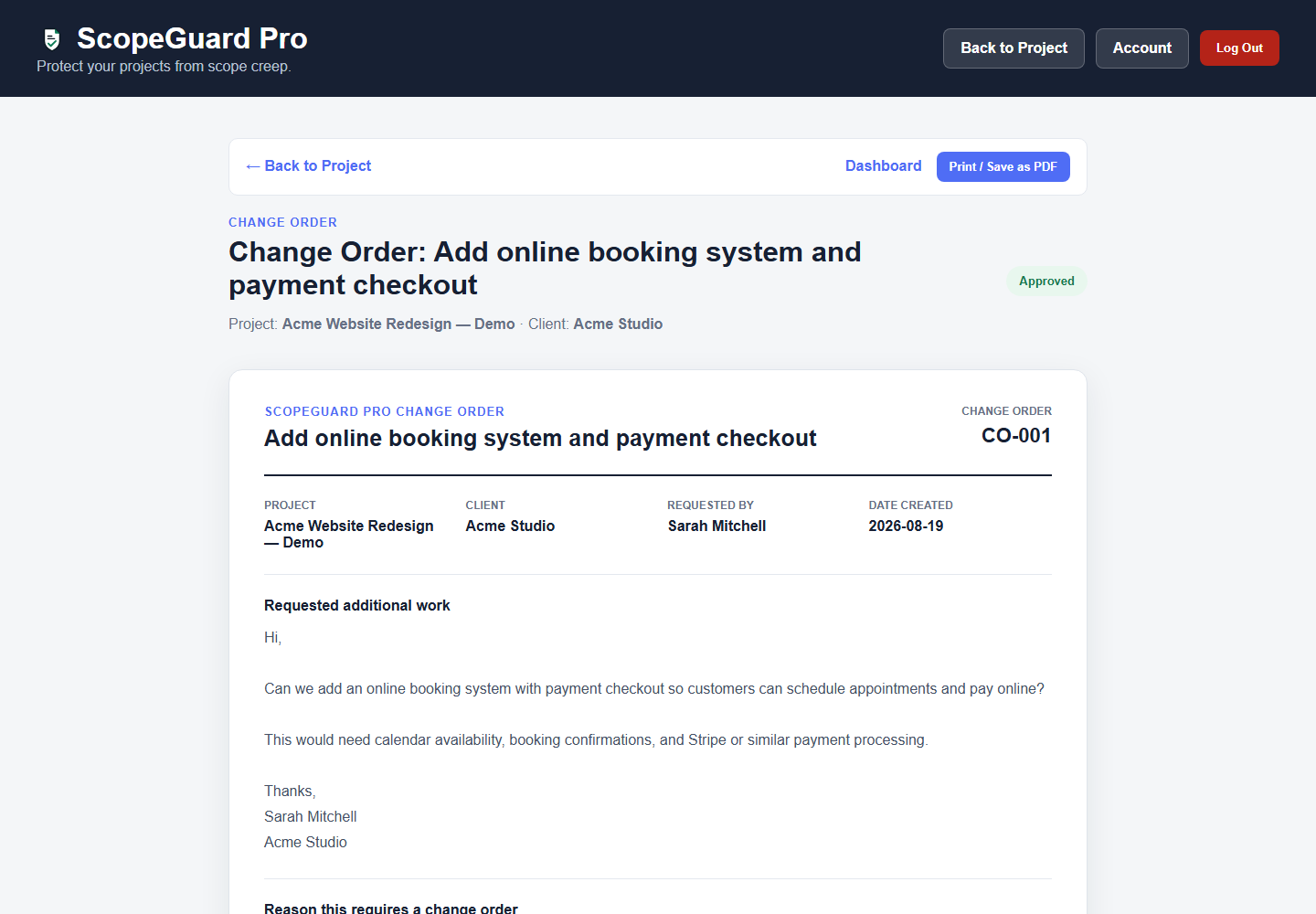Internal Change Order document with Approved status for the booking and checkout request