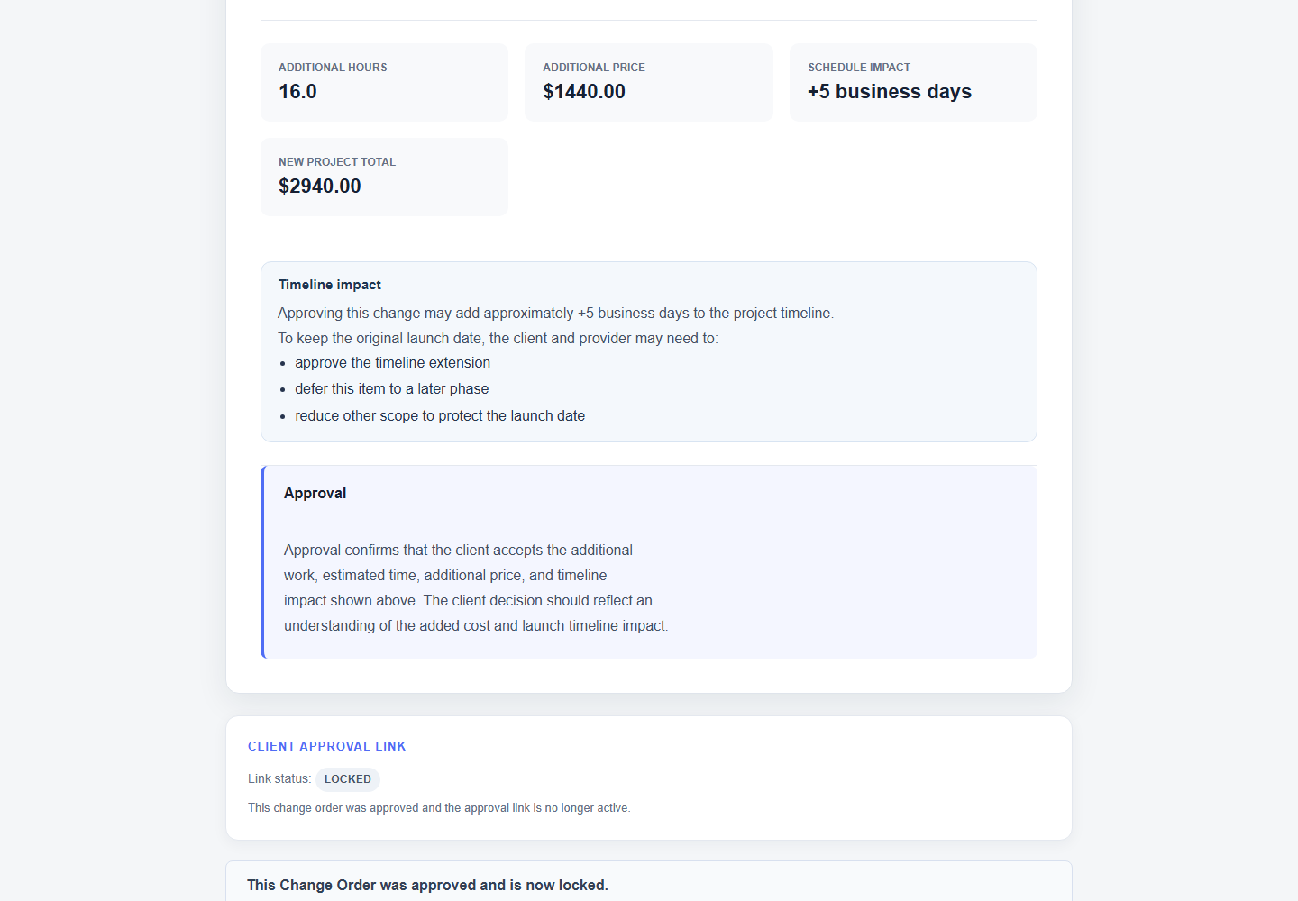 Change Order proof section showing locked approval link and approved status